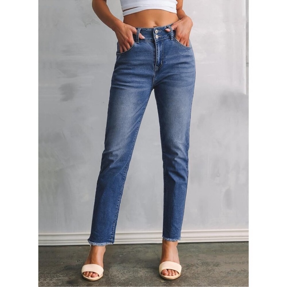 NWOT Sidefeel Women's High Waisted Stretch Jeans Raw Hem Ankle Denim Pants sz 10 - Picture 3 of 10